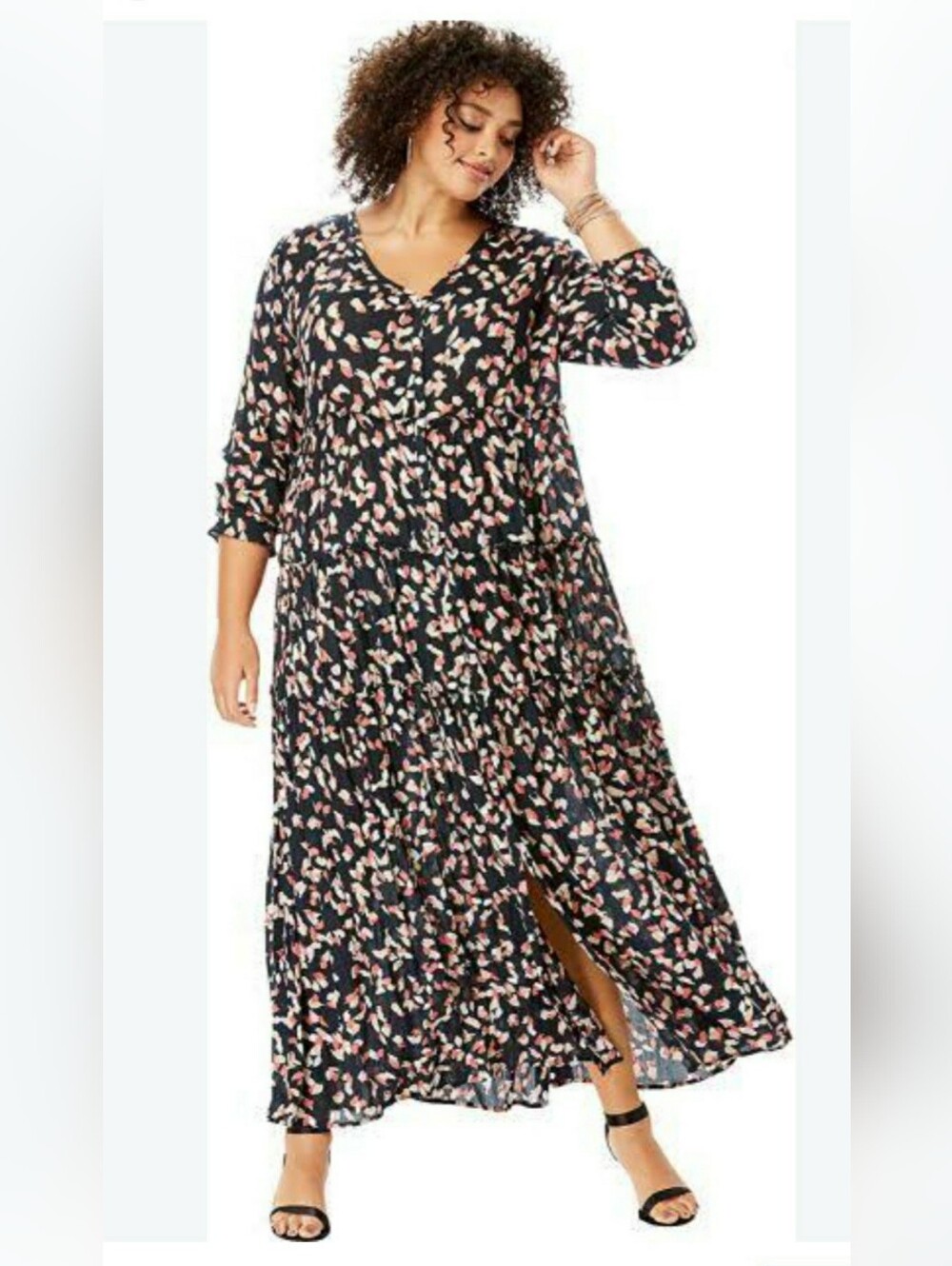 Roaman's Black Abstract Floral Print Tiered Button Front Maxi Dress Size 32 New⁸